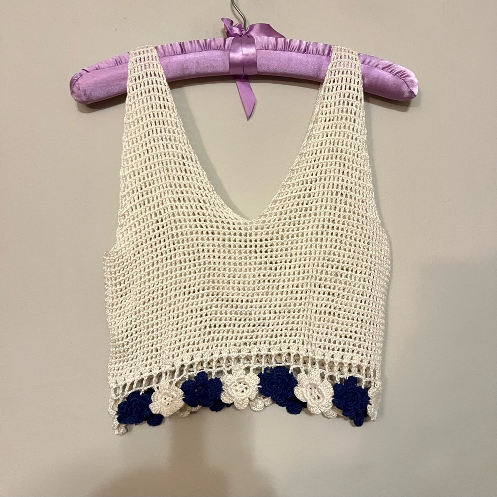 Elegant White Crochet Tank with Navy Floral Details